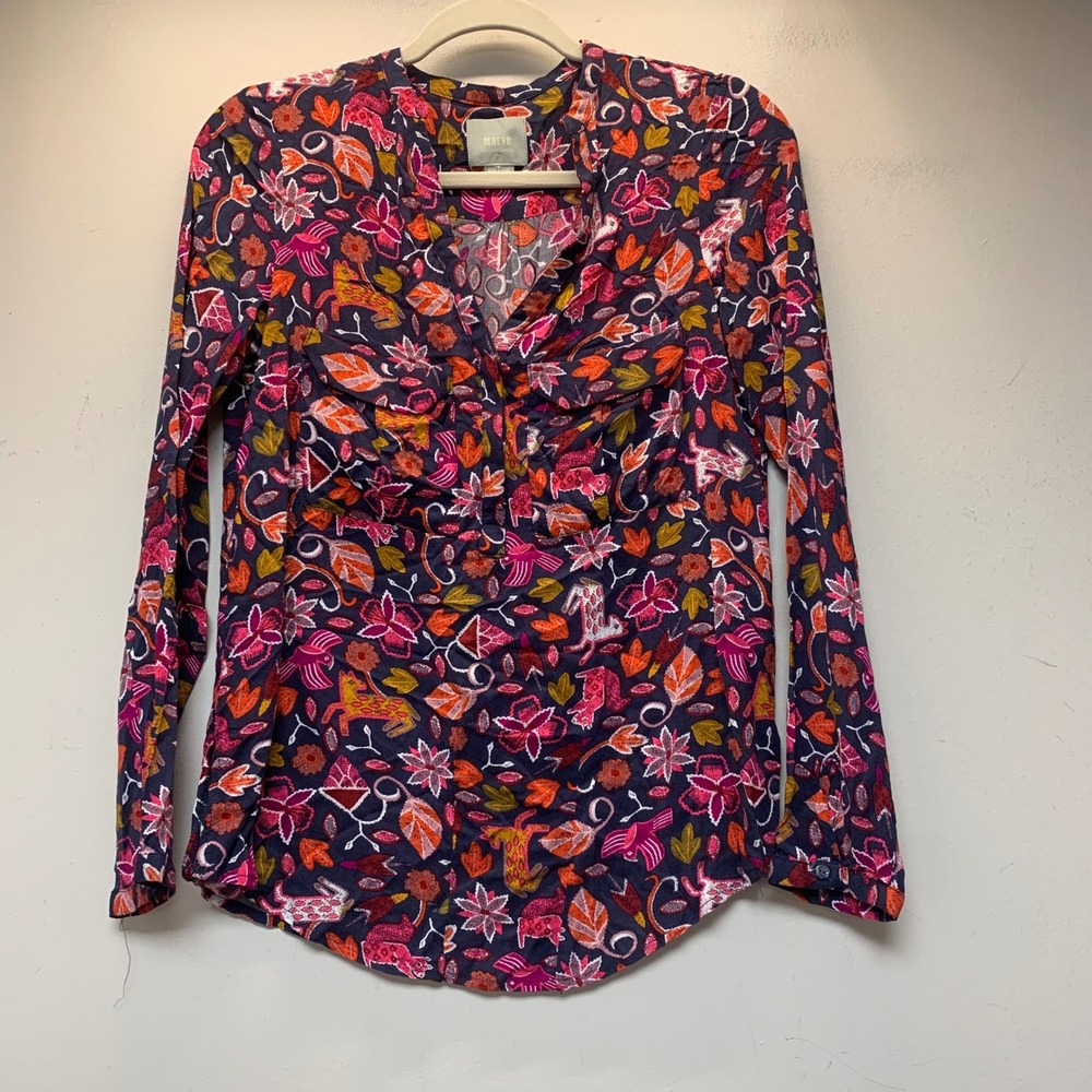Maeve Anthropologie Blouse Womens 0 Navy Pink Animal Print Rayon Excellent Top
